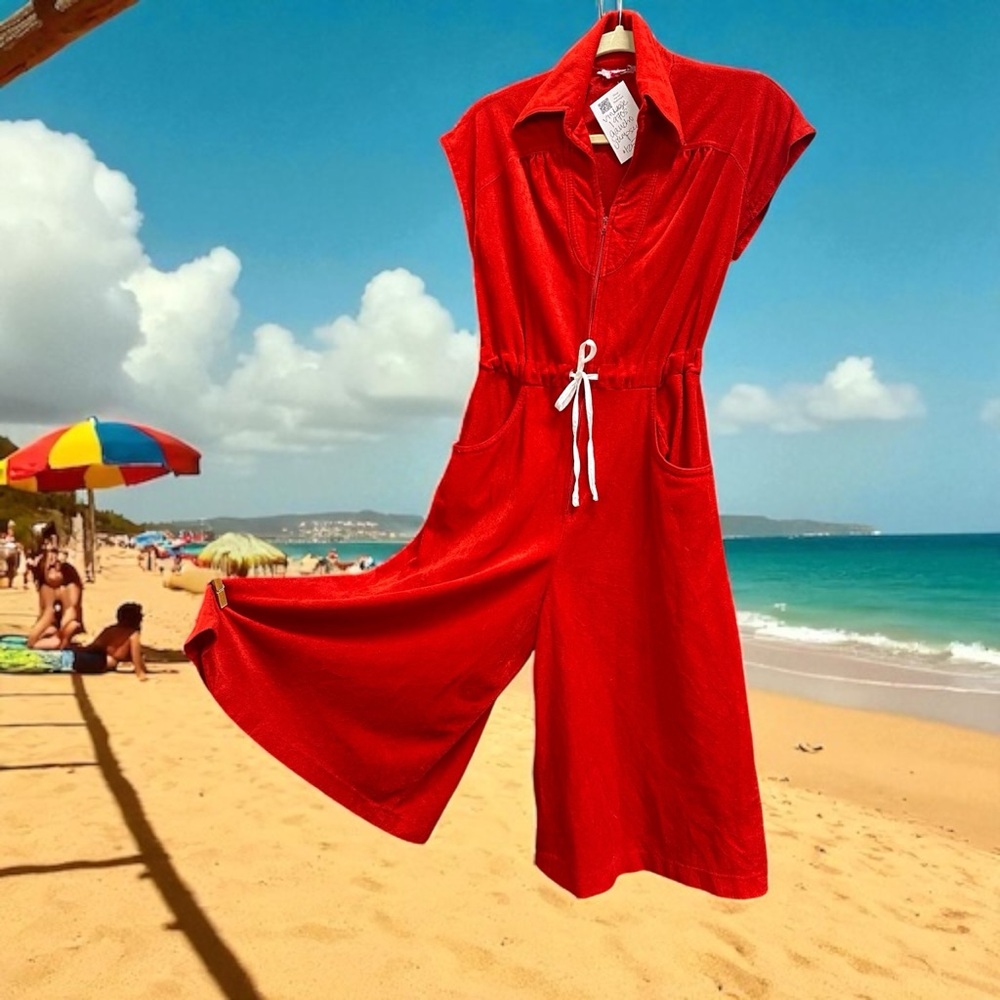 Vintage Red Velour Terry Gaucho Wide Leg Jumpsuit Drawstring Waist S M